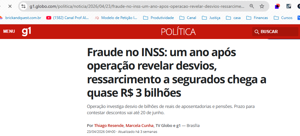 Notícia G1 – Fraude no INSS: ressarcimento a segurados chega a quase R$ 3 bilhões